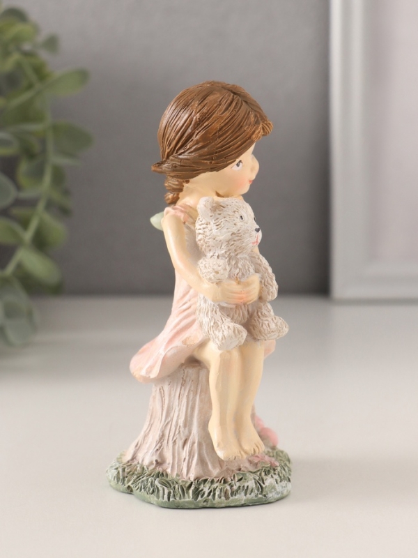 Сувенир полистоун Сувенир полистоун "Малышка в розовом платье с медвежонком, на пенечке" 6х6х12 см