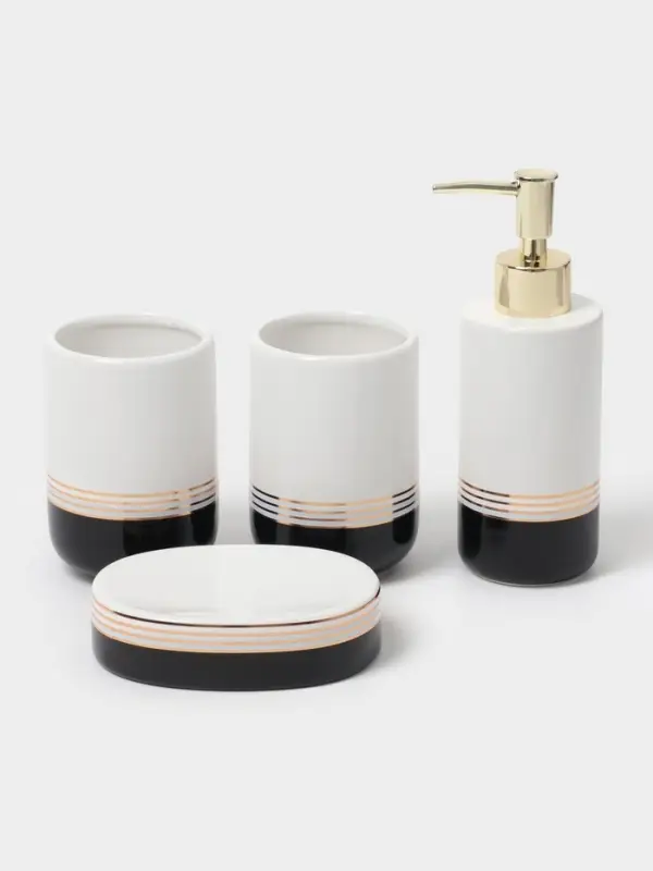 Аксессуары для ванной &laquo;Лили&raquo;, 4 предмета: дозатор 300 мл, мыльница, 2 стакана, бело-чёрные