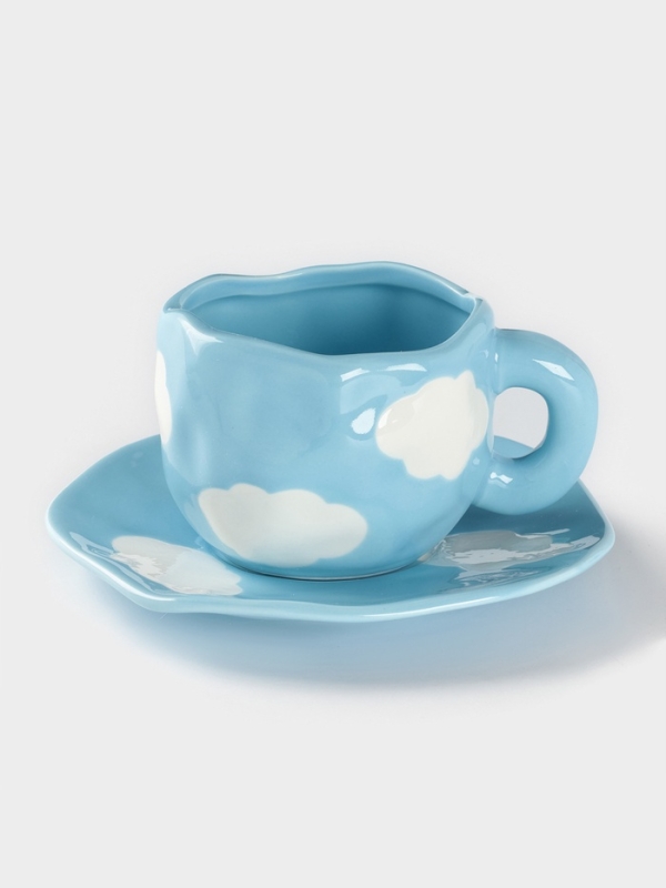 Чайная пара Доляна «Облако», чашка 220 мл, блюдце d=16 см, ручная роспись, керамика, голубая Чайная пара Доляна «Облако», чашка 220 мл, блюдце d=16 см, ручная роспись, керамика, голубая