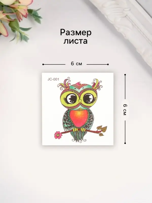 Переводная тату на тело цветная «Совушка на ветке с цветком», 6×6 см