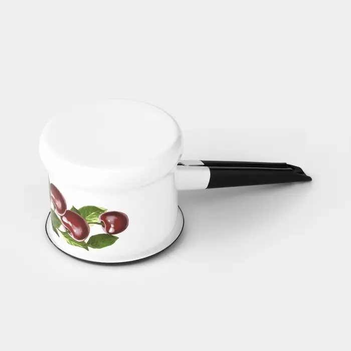 Ковш эмалированный &laquo;Вишнёвый сад&raquo;, 1 л, с крышкой, металлическая ручка, белый