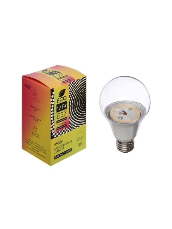 Фитолампа для растений Luazon, светодиодная, А60, E27, 12 Вт, IP44, 220 В, 270°, полноспектральная Фитолампа для растений Luazon, светодиодная, А60, E27, 12 Вт, IP44, 220 В, 270°, полноспектральная