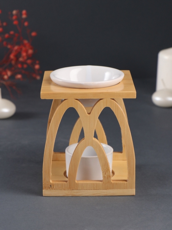 Аромалампа бамбук, керамика с подставкой под свечу Аромалампа бамбук, керамика с подставкой под свечу "Узоры" белая 9,5х9,5х13,5 см