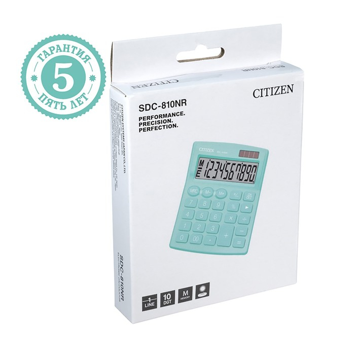 Калькулятор настольный Citizen  Калькулятор настольный Citizen "SDC-810NR", 10-разрядный, 124 х 102 х 25 мм, двойное питание, бирюзовый