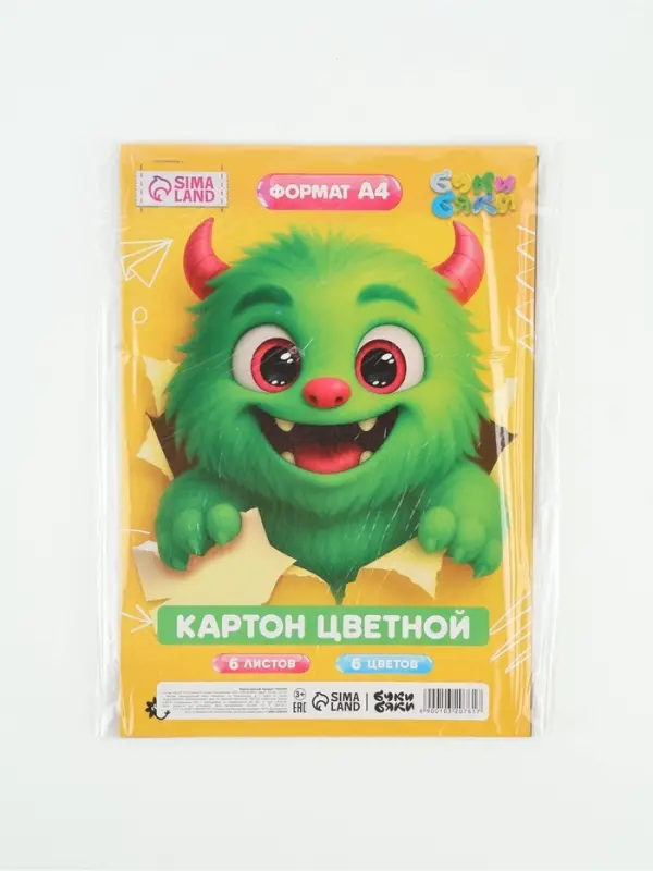 Картон цветной А4, 6 л., 6 цветов, немелованный односторонний, на скобе