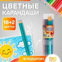 Карандаши Calligrata, цветные, 18 цветов, эконом, шестигранные, пластиковые, пенал-тубус и 2 чернографитных карандаша с ластиком в ПОДАРОК