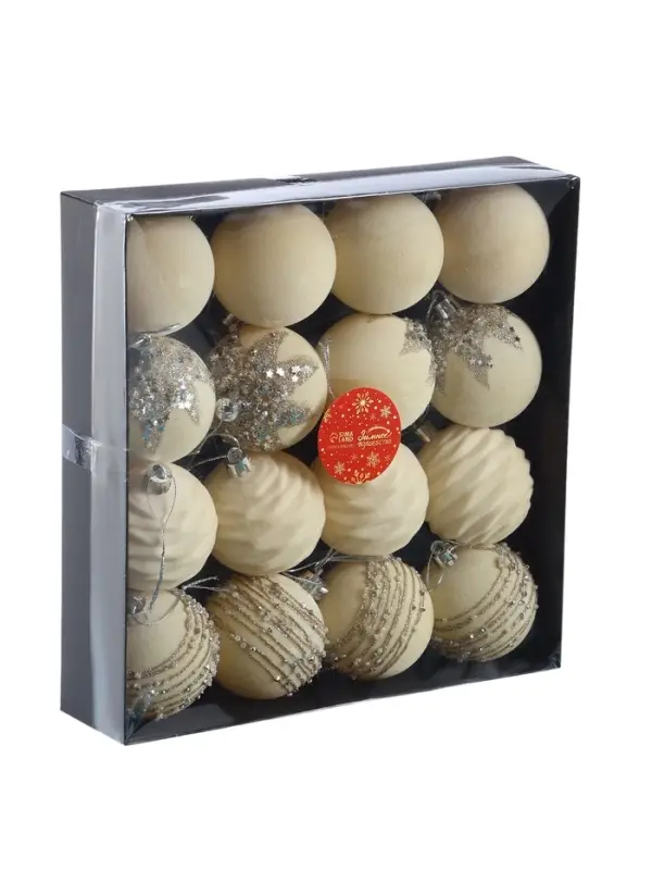 Набор шаров пластик d-6 см, 16 шт Набор шаров пластик d-6 см, 16 шт "Бархат. Маскарад" белый