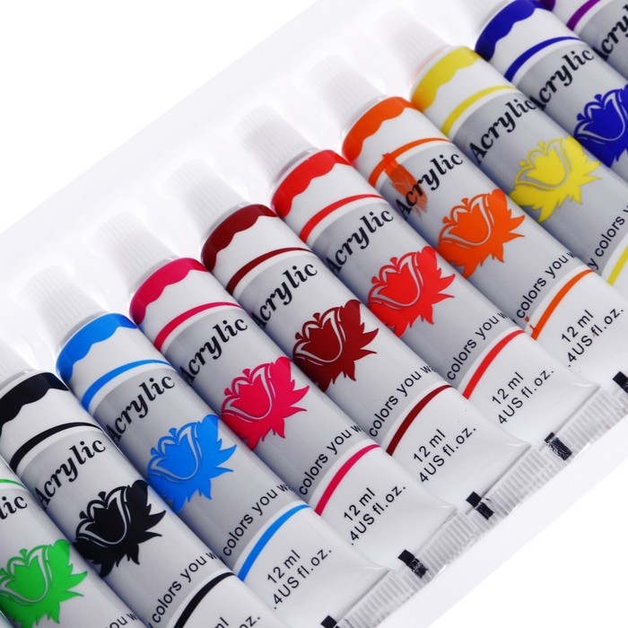 Краски акриловые, 12 цветов, в пластиковой тубе, 12 мл, в картонной коробке Краски акриловые, 12 цветов, в пластиковой тубе, 12 мл, в картонной коробке