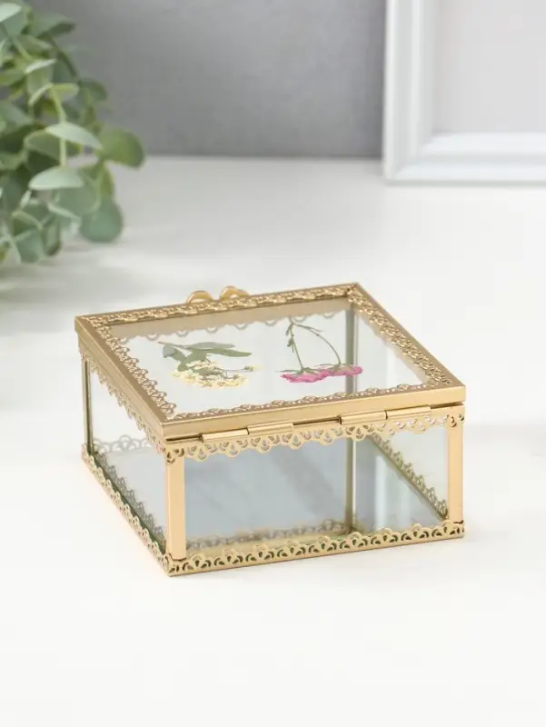 Шкатулка стекло с металлическим каркасом "Сухоцветы" квадрат 10х10,5х5,2 см