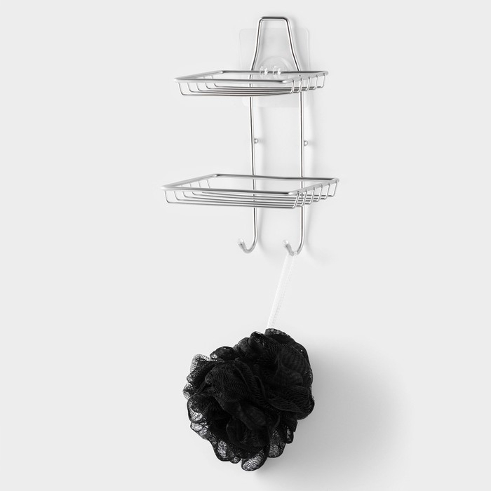 Мыльница 2-х ярусная на липучке Доляна, 2 крючка, 14,5×10×21 см, цвет хром