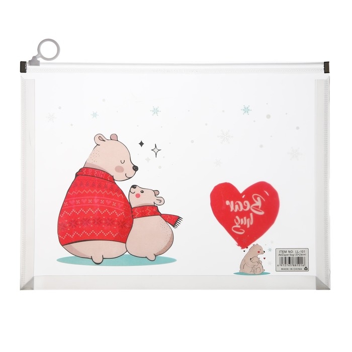 Папка-конверт на молнии формат А4, 180мкр, с рисунком Папка-конверт на молнии формат А4, 180мкр, с рисунком "Медведи", МИКС