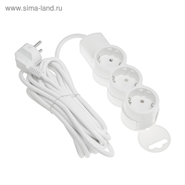 Удлинитель Duwi, 3 розетки, 5 м, 10 А, 2200 Вт, ПВС 3х0.75 мм2, с з/к, белый