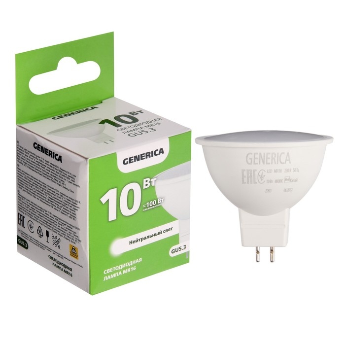 Лампа светодиодная GENERICA MR16, 10 Вт, софит, 4000 К, GU5.3, 230 В, LL-MR16-10-230-40-GU5-G Лампа светодиодная GENERICA MR16, 10 Вт, софит, 4000 К, GU5.3, 230 В, LL-MR16-10-230-40-GU5-G