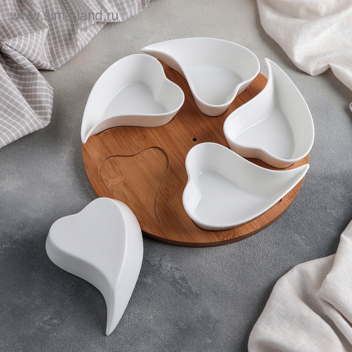 Набор соусников керамических на деревянной подставке «Эстет. Сердца», 5 предметов: 200 мл, цвет белый Набор соусников керамических на деревянной подставке «Эстет. Сердца», 5 предметов: 200 мл, цвет белый