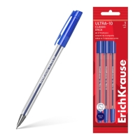 Набор ручек шариковых 3 штуки, ErichKrause ULTRA-10 Stick Classic, узел 0.7 мм, чернила синие, длина линии письма 2000 метров