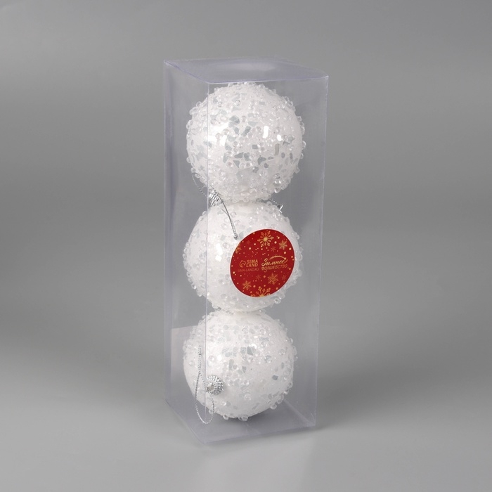 Набор шаров пластик d-8 см, 3 шт Набор шаров пластик d-8 см, 3 шт "Альваро" блёстки, белый