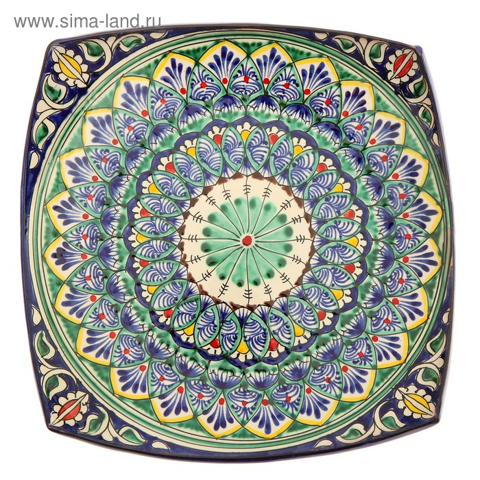 Ляган Риштанская Керамика "Узоры", 25 см, квадратный, синий, микс