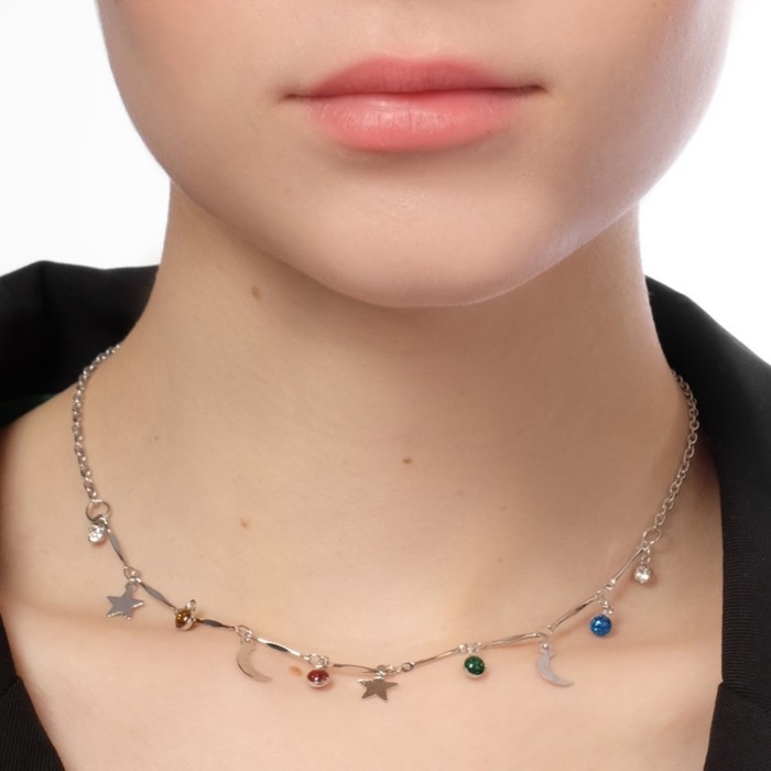 Чокер «Полумесяц» фазы луны, цветной в серебре, 35 см