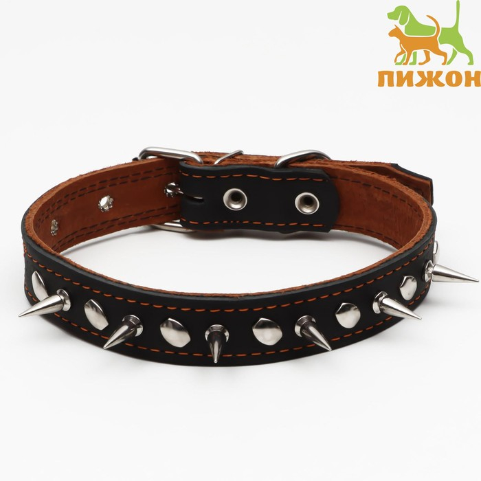 Ошейник кожаный двухслойный  шипованный, 63 х 3 см, ОШ 40-55 см, чёрный Ошейник кожаный двухслойный  шипованный, 63 х 3 см, ОШ 40-55 см, чёрный