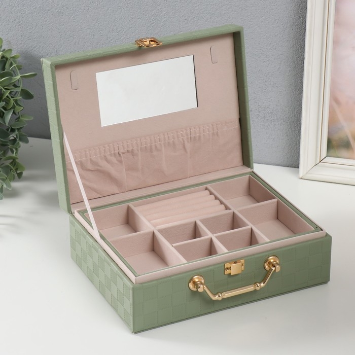 Шкатулка кожзам для украшений  Шкатулка кожзам для украшений "Кейс. Шахматка" зелёная 17,5х24х9 см