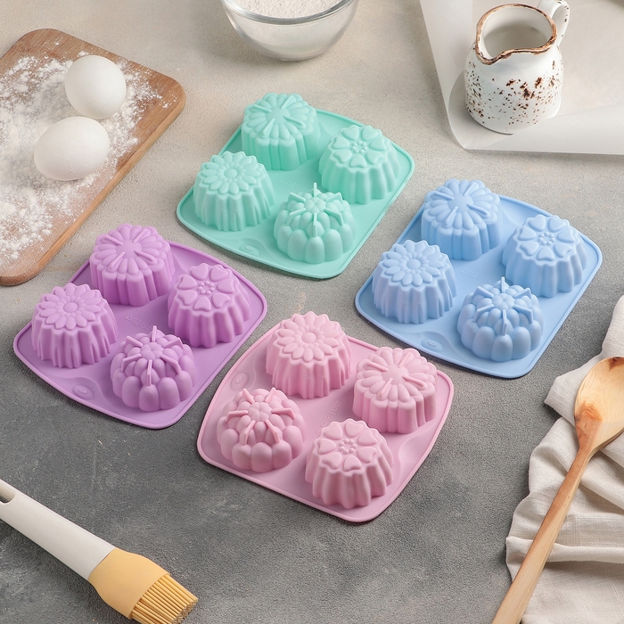 Форма для выпечки Доляна &laquo;Цветы. Цветочная долина&raquo;, силикон, 14&times;16 см, 4 ячейки, цвет МИКС