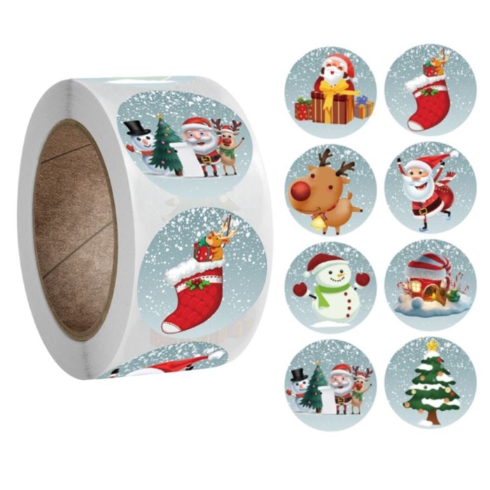 Наклейка бумага Наклейка бумага "Новогодняя" d=2,5 см 500 шт в рулоне 3х6,5х6,5 см