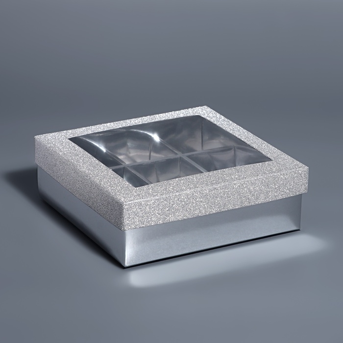 Коробка для 9 конфет серебро глиттер, 12,5 х 12,5 х 4 см. Кондитерская упаковка Коробка для 9 конфет серебро глиттер, 12,5 х 12,5 х 4 см. Кондитерская упаковка