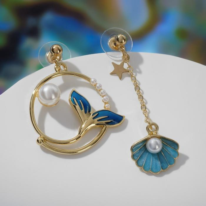 Серьги эмаль «Ночь» хвост с ракушкой, цвет сине-белый в золоте Серьги эмаль «Ночь» хвост с ракушкой, цвет сине-белый в золоте