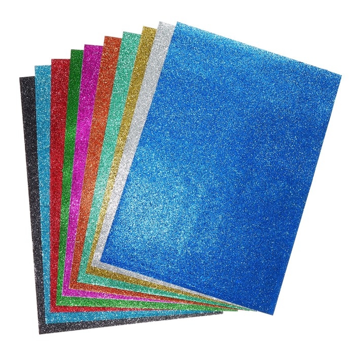 Бумага цветная формат А4 10 листов 10 цветов самоклеящаяся блестки, плотность 70г/м3, 11мкр Бумага цветная формат А4 10 листов 10 цветов самоклеящаяся блестки, плотность 70г/м3, 11мкр