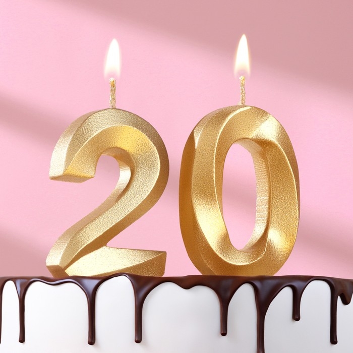 Свеча в торт юбилейная Свеча в торт юбилейная "Грань" (набор 2 в 1), цифра 20, золотой металлик, 6,5 см