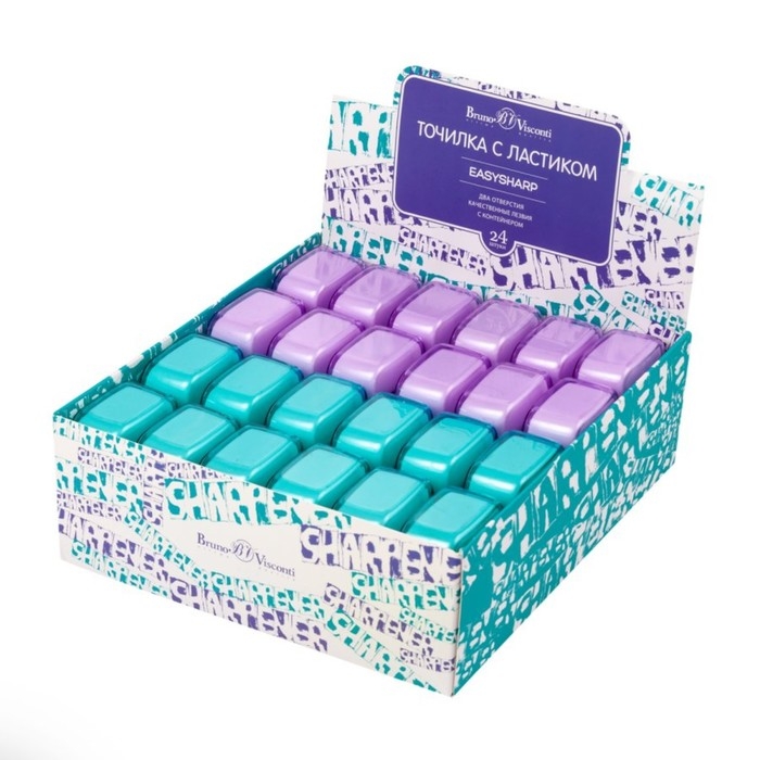 Точилка 2 отверстия с контейнером EASYSHARP, с ластиком, МИКС Точилка 2 отверстия с контейнером EASYSHARP, с ластиком, МИКС