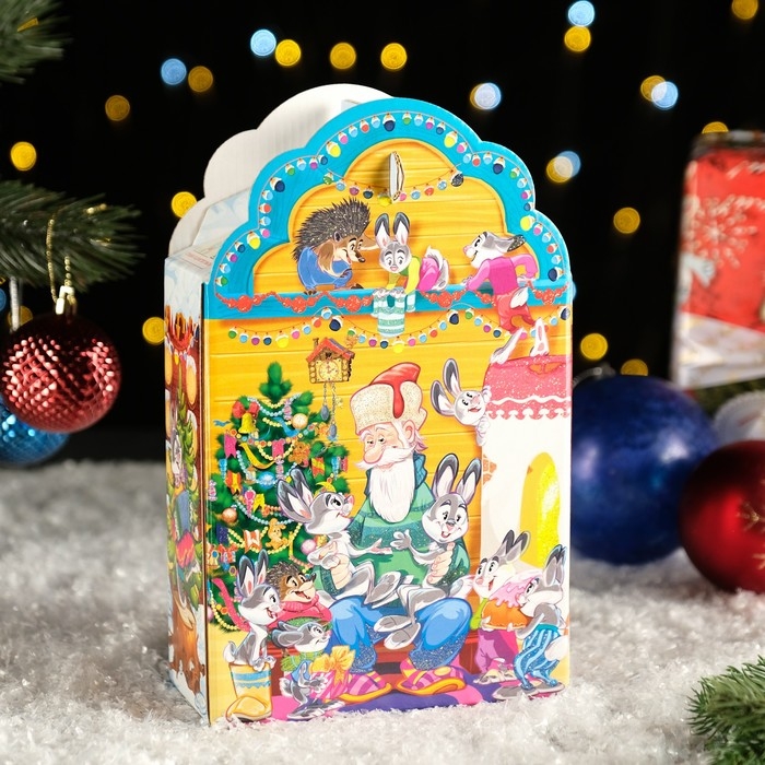 Новый год. Подарочная коробка Новый год. Подарочная коробка "Дед Мороз и Зайцы", 16 х 7,5 х 26см.