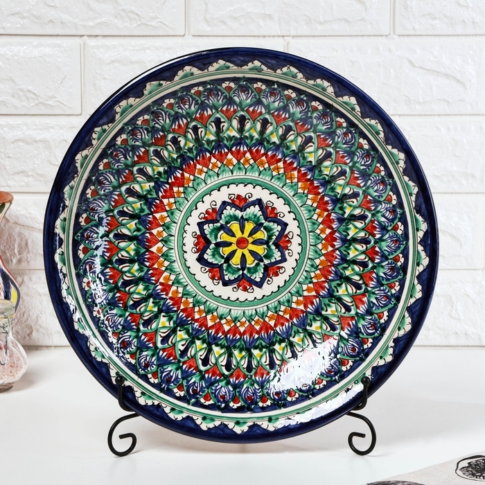 Ляган узбекский Риштанская керамика  Ляган узбекский Риштанская керамика "Узоры" для плова, 33 см, глубокий, синий