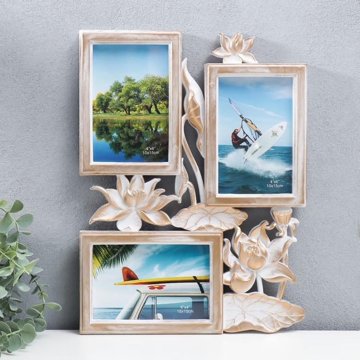 Фоторамка пластик на 3 фото 10х15 см  Фоторамка пластик на 3 фото 10х15 см "Лотосы" золотисто-белый 36х27 см