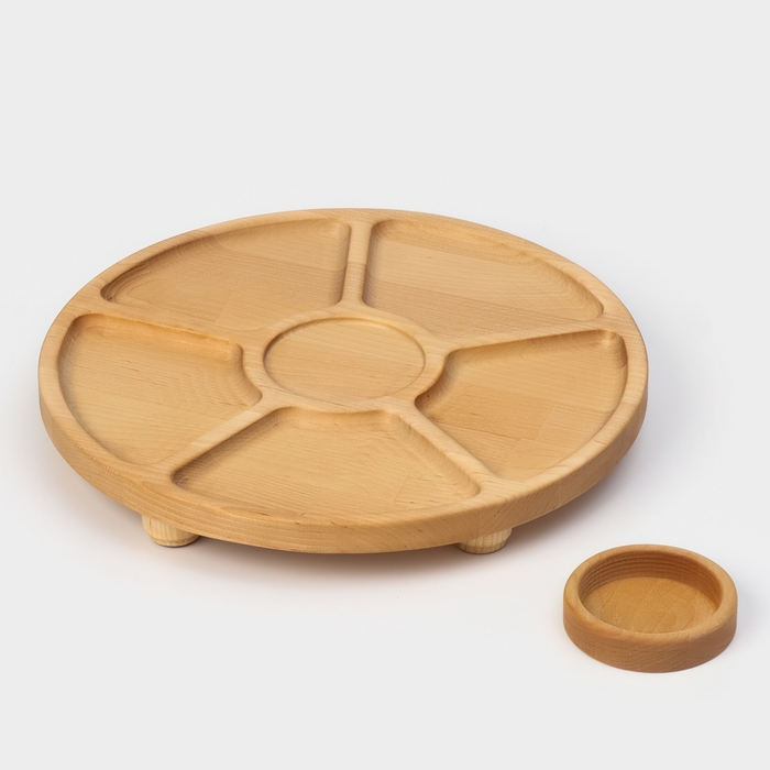 Подарочный набор деревянной посуды Adelica «Фортуна», менажница на ножках с соусницей, d=30 см, 70 мл, берёза Подарочный набор деревянной посуды Adelica «Фортуна», менажница на ножках с соусницей, d=30 см, 70 мл, берёза