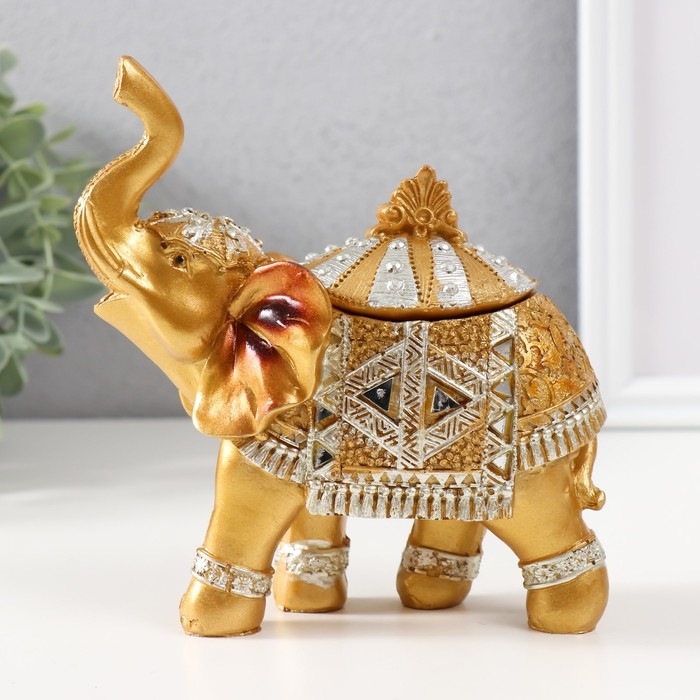 Шкатулка полистоун Шкатулка полистоун "Золотой слон в зеркальной попоне" 15х13,7х6,5 см