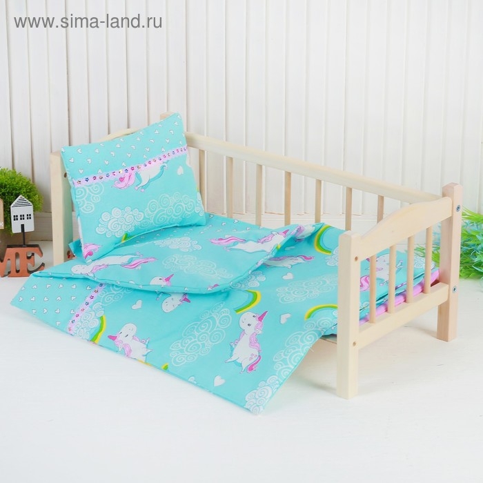 Постельное бельё для кукол «Единорог на голубом», простынь, одеяло, подушка Постельное бельё для кукол «Единорог на голубом», простынь, одеяло, подушка