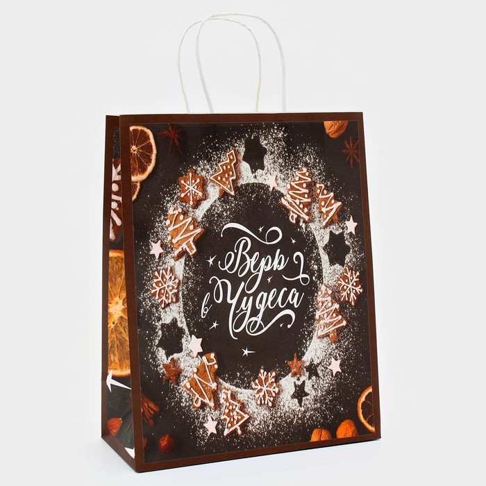 Новый год. Пакет бумажный подарочный новогодний крафт  Новый год. Пакет бумажный подарочный новогодний крафт "Верь в чудеса" 32 х 26 х 11 см.