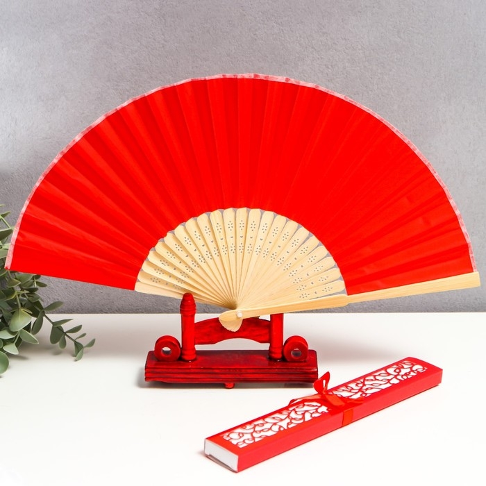 Веер бамбук, текстиль h=21 см  Веер бамбук, текстиль h=21 см "Моноцвет" в коробке, красный