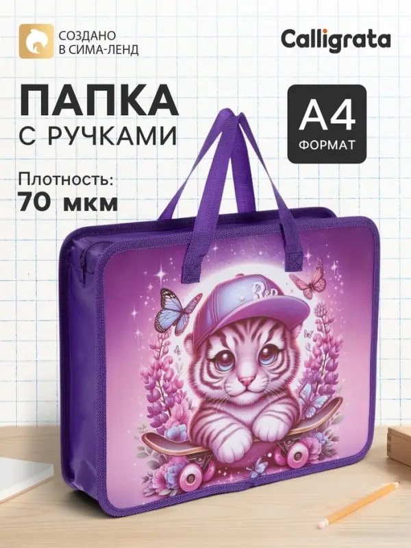 Папка с ручками &laquo;Тигренок&raquo;, А4, пластиковая, 70 мм, 322&times;256 мм