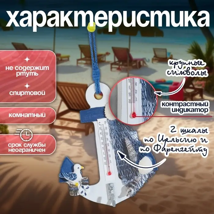 Термометр домашний настенный с крючком &laquo;Якорь с чайкой&raquo;, 12&times;9.5&times;2.5 см