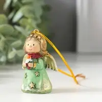 Сувенир полистоун "Ангелочек со звёздами на зелёном платье, со свечой в руках" 3,8х2,6х5 см   109157