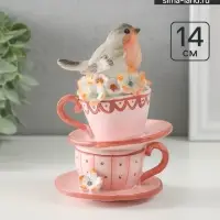 Фигурка полистоун &laquo;Снегирь сидит на чашечках, с цветами&raquo;, 9&times;9&times;14 см