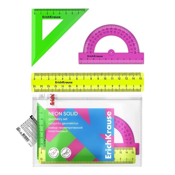Набор геометрический ErichKrause Neon Solid, пластиковый, малый (линейка, угольник, транспортир), микс из 3 цветов, в zip-пакете Набор геометрический ErichKrause Neon Solid, пластиковый, малый (линейка, угольник, транспортир), микс из 3 цветов, в zip-пакете
