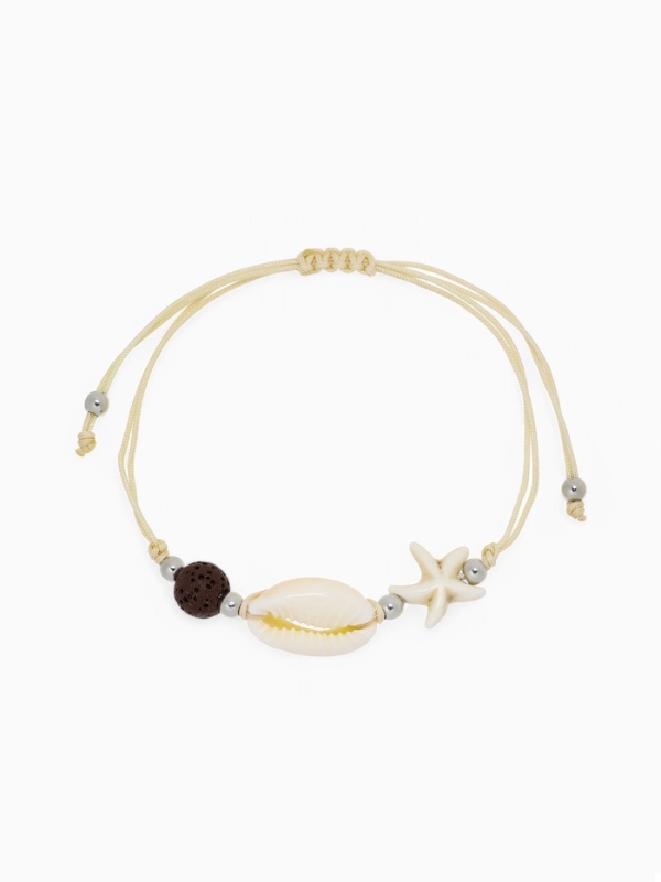 Браслет «Ракушка» на нити, лава со звездой, бежевый в серебре