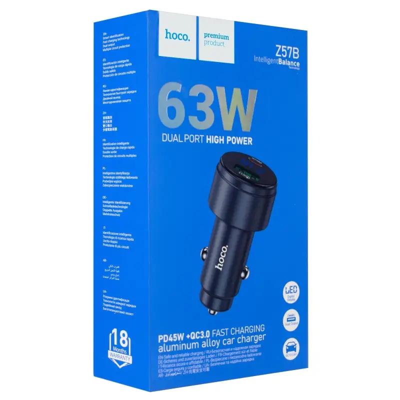 Переходник автомобильного зарядного устройства на Type-C PD45W + USB Q.C 3.0 Z57B HOCO серый