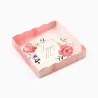 Коробка для печенья, кондитерская упаковка с пластиковой крышкой, Happy time, 15&times;15&times;3 см