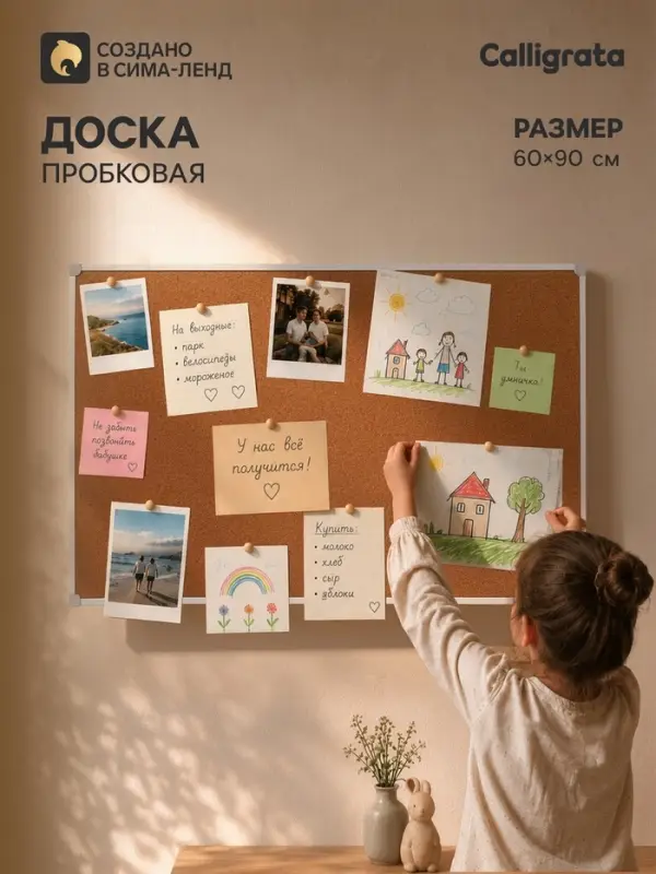 Доска пробковая, Calligrata, 60&times;90 см, в ПВХ рамке белого цвета, серые уголки