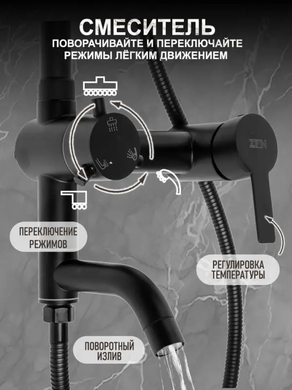Душевая система ZEIN ZS-65BL, смеситель, троп. и ручная лейка квадрат, нерж. сталь, черный