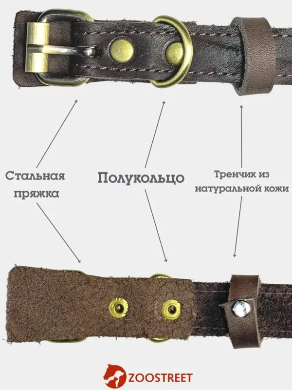 Ошейник безразмерный, 40&times;2 см, с подпряжником, кожа, коричневый